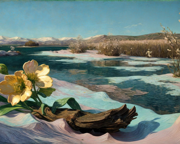 Serene Landscape with River and Snow-Covered Mountains