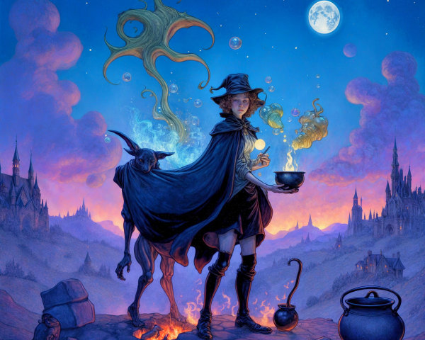 Mysterious Figure Brewing Potion Under Twilight Sky