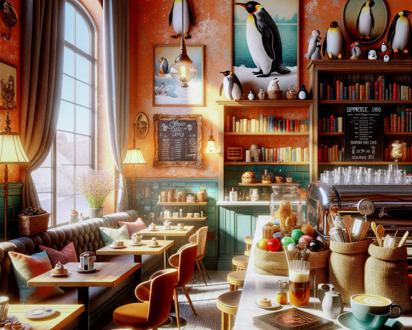 Cozy café with orange walls and whimsical decor