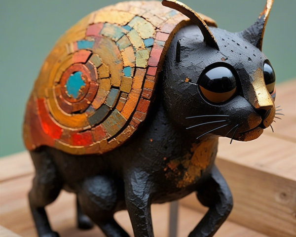 Whimsical Cat Sculpture with Snail Shell Design