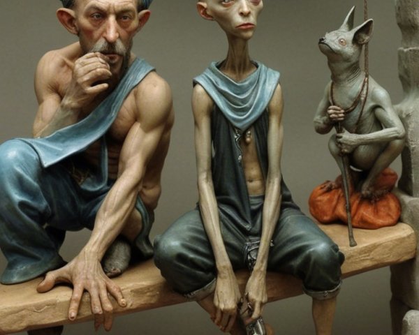 Surreal Scene with Whimsical Characters and Creatures