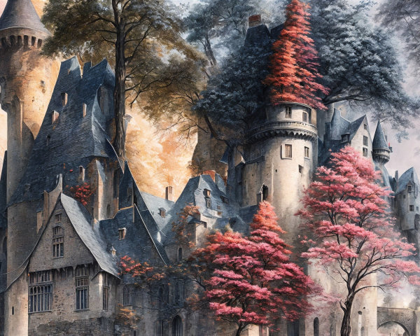 Majestic castle surrounded by vibrant autumn foliage