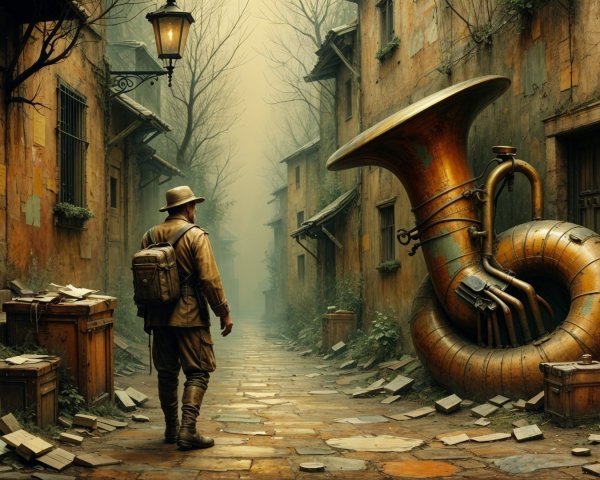 Adventurer and Brass Tuba in Misty Alleyway Scene