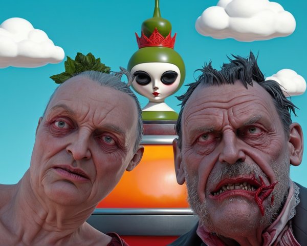Surreal Scene with Grim Characters and Whimsical Figure