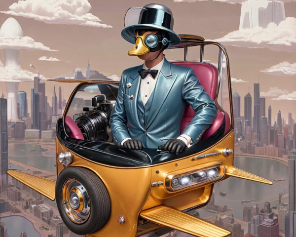 Whimsical Duck in Tuxedo Piloting Futuristic Vehicle