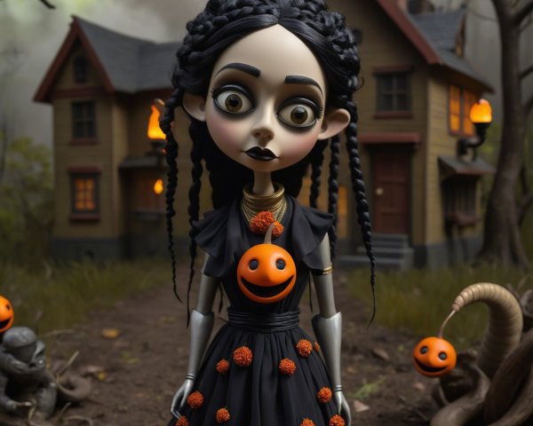 Eerie Doll in Black Gown with Pumpkin and Spooky Backdrop