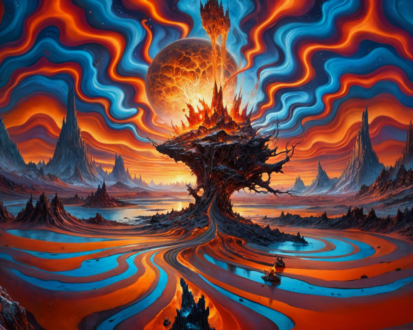 Surreal Landscape with Twisted Tree and Luminous Planet