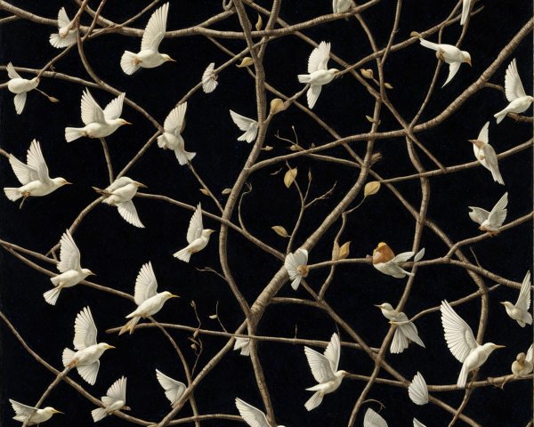 White Birds in Flight Among Dark Twisted Branches