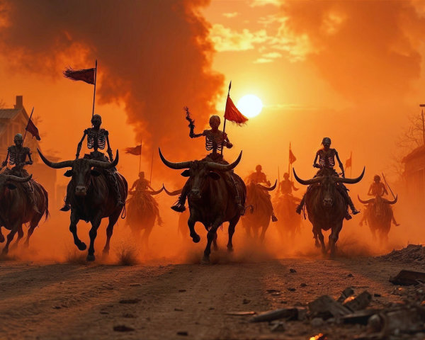 Skeletal Riders Charge Through a Deserted Sunset Street