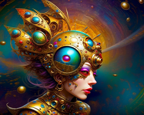 Fantastical character with golden headdress and cosmic backdrop