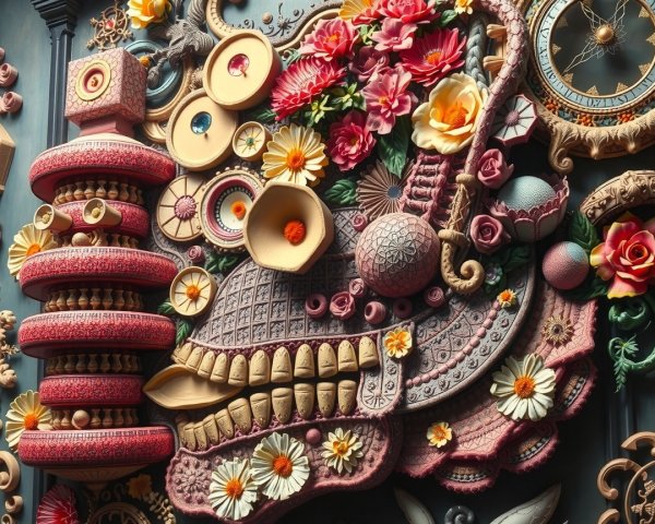 Three-Dimensional Wall Art with Floral and Geometric Design