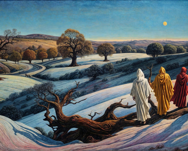 Three Figures in Colorful Cloaks on Snowy Landscape