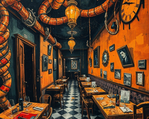 Industrial-Themed Restaurant Interior with Vintage Decor