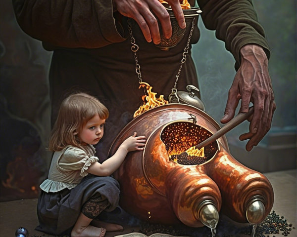 Giant Figure Pouring Glowing Gold in Enchanting Scene