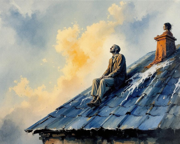 Man and child on rooftop under serene sky clouds