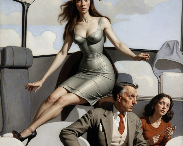 Surreal Bus Interior with Confident Woman and Observers