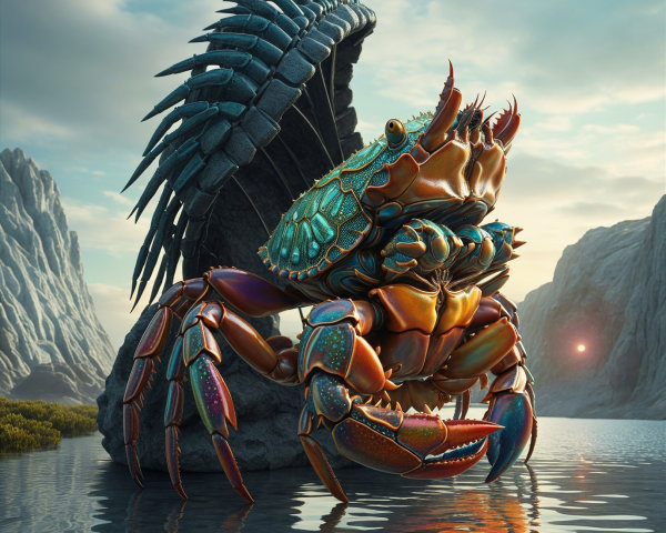 Oversized Crab in Serene Water with Spiky Rocks