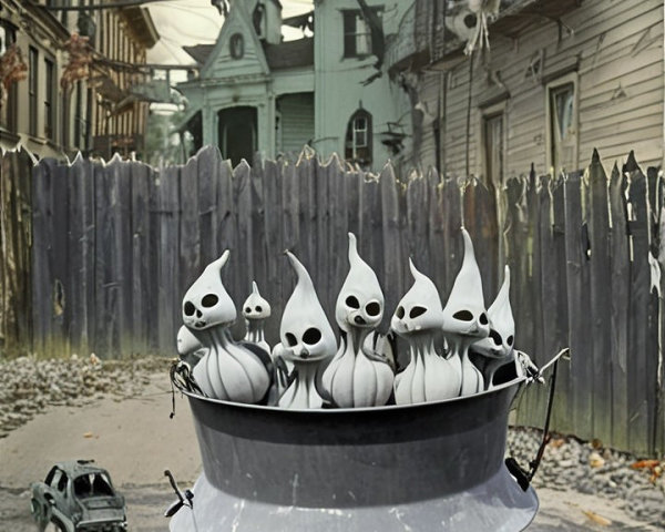 Whimsical Halloween Scene with Ghosts and Pumpkins