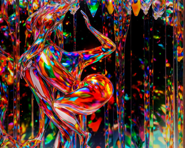 Reflective Figure Surrounded by Vibrant Colors and Prisms