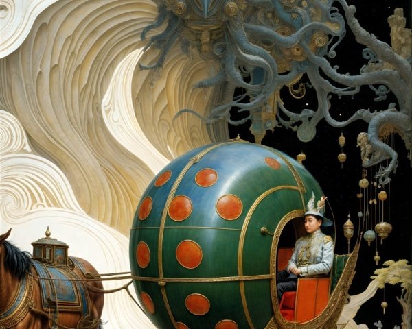 Regal Figure in Ornate Polka Dot Carriage Scene