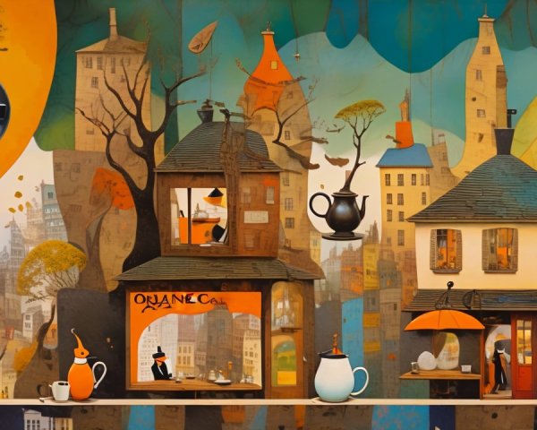 Whimsical Mural of Cozy Café in Colorful Cityscape