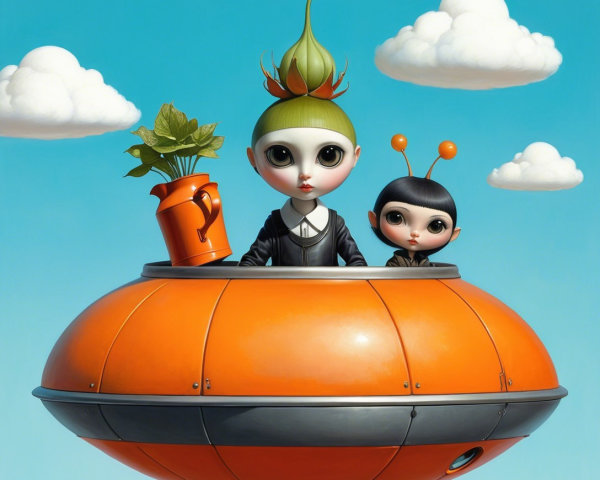 Whimsical Characters in Vibrant Orange Flying Saucer