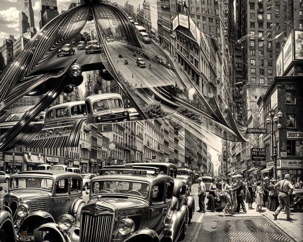 Vintage Cars on a Surreal City Street Scene