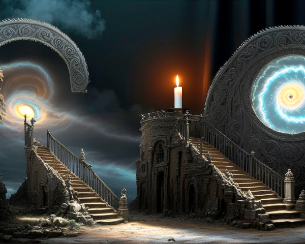 Surreal Landscape with Staircases and Luminous Portals