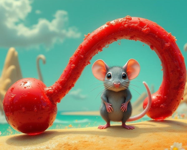 Cartoon Mouse on Sandy Shore with Colorful Hills