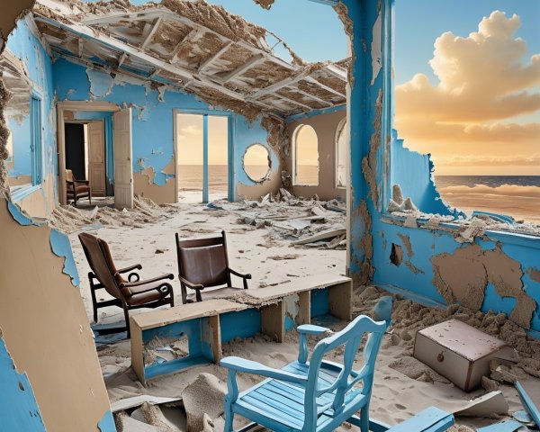 Dilapidated Coastal Room with Crumbling Walls and Sand