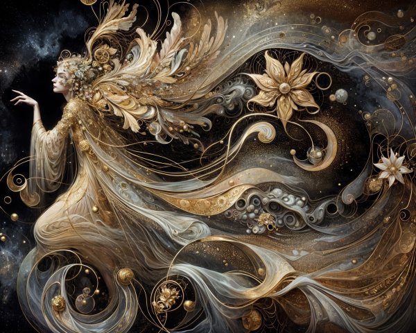 Mystical figure in golden garments in cosmic landscape