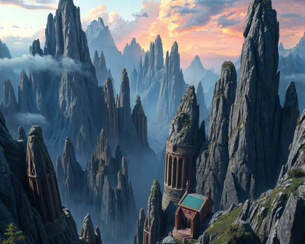 Majestic Mountain Landscape with Sunset and Temple