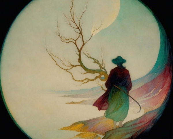 Solitary Figure at Serene Landscape with Moon and Water