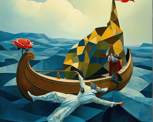 Surreal Painting of Boat in Blue Landscape with Figures