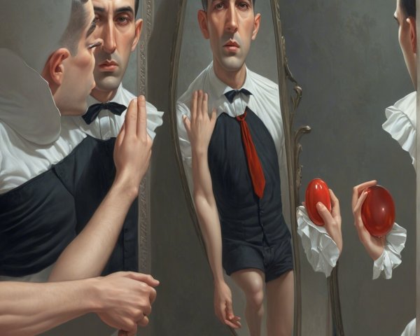 Surreal Scene of Man in Theatrical Outfit with Mirror