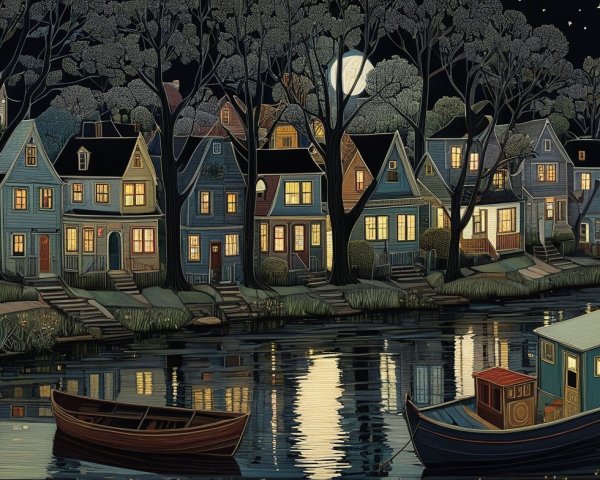 Serene Night Scene of Quaint Village by Waterway