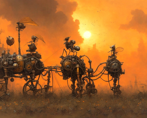 Steampunk Mechanical Horses in Surreal Sunset Landscape