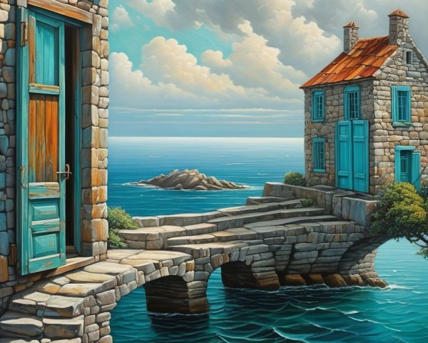 Surreal coastal landscape with stone houses and bridge
