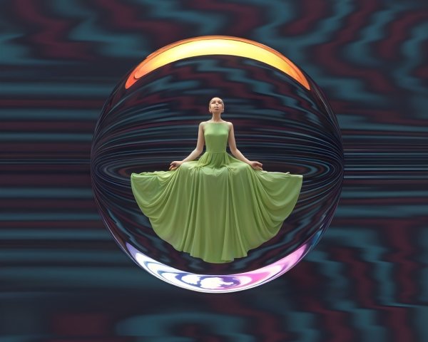 Serene figure in green gown within a translucent bubble