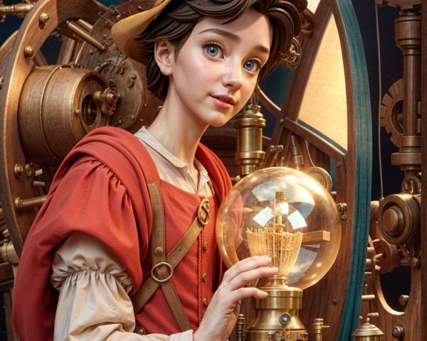 Young Inventor with Steampunk Machinery and Glowing Orb