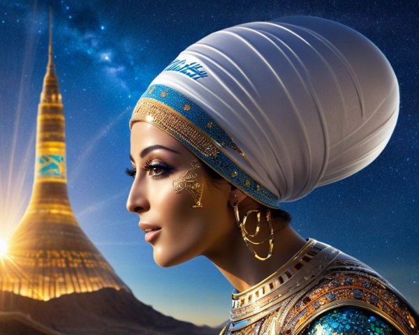 Regal figure in shimmering gown against mystic sky
