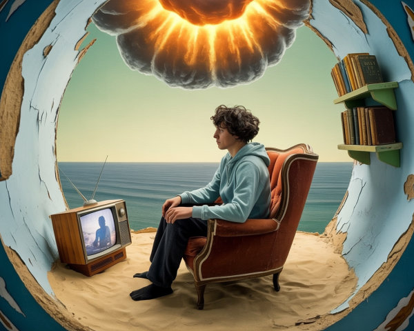 Surreal Scene of Youth in Circular Broken Wall Setting