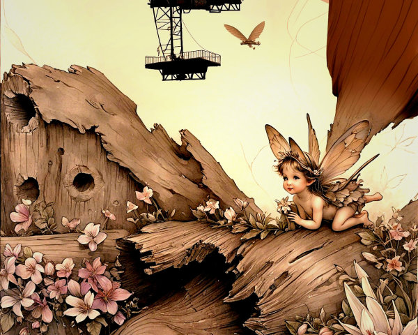 Fairy Among Flowers and Vintage Train in Dreamy Scene