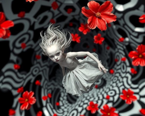 Surreal Scene of Ethereal Girl in Monochrome Vortex