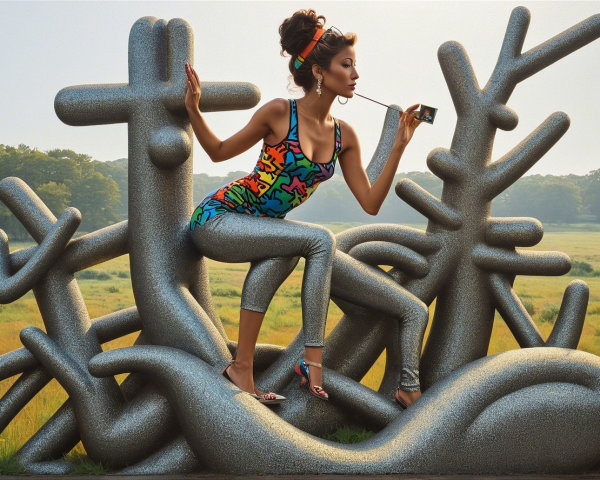Stylish Woman Posing on Abstract Sculpture in Landscape