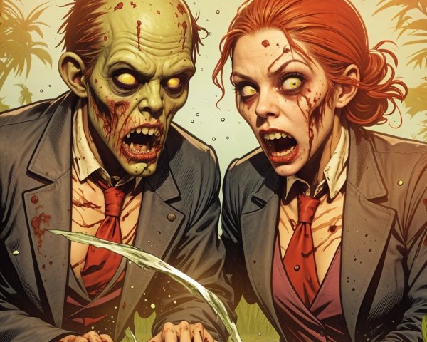 Zombie Couple in Tattered Suits by Murky Pool
