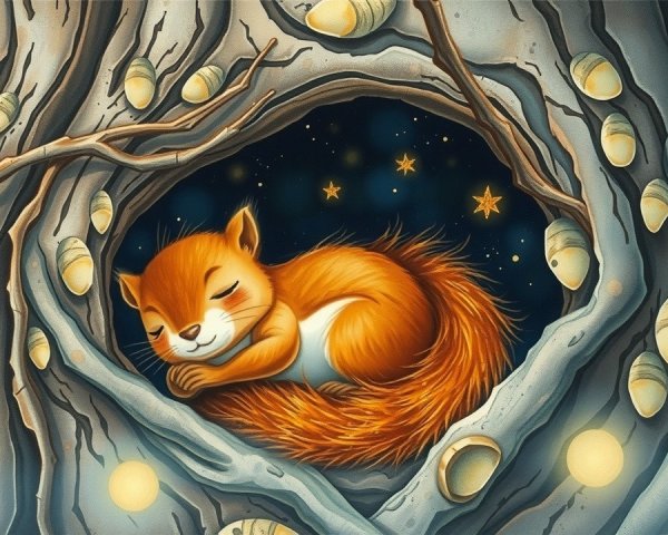 Sleeping Squirrel in Tree Hollow Under Night Sky