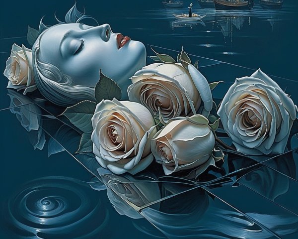 Ethereal Woman Floating on Tranquil Water Scene