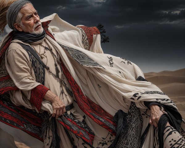 Elderly Man in Desert with Flowing Garments and Clouds