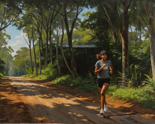 Woman jogging on a dirt path in a green forest